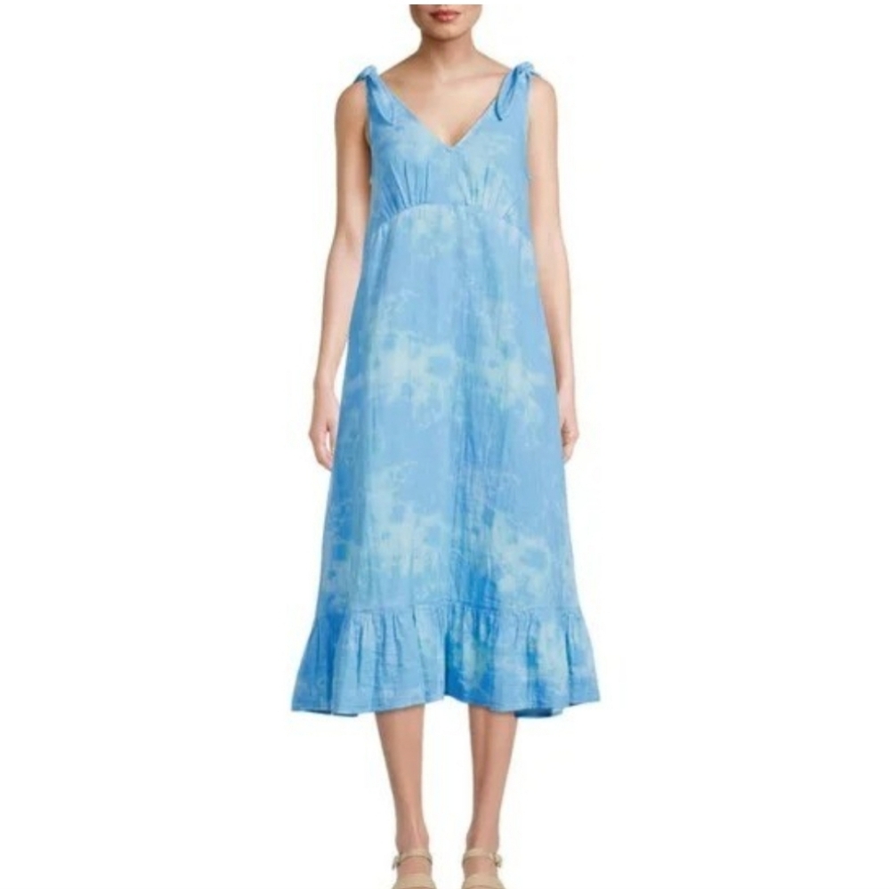 Time And Tru Blue Tie Dye Ruffle Tie Shoulder Midi Dress Sz L - Picture 4 of 17